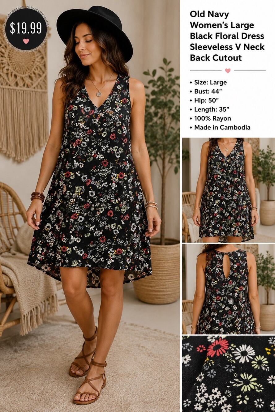 Old Navy Women’s Large Black Floral Shift Dress Sleeveless V Neck Back Cutout